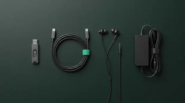 فلش، کابل USB-C، هدفونِ سیمی و شارژر کنارِ هم؛ وسایلی که برای تستِ لپ‌تاپ استوک همراه می‌برید