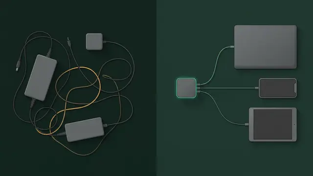 یک شارژر USB-C با سه کابل به لپ‌تاپ، گوشی و تبلت، کنار سه شارژر جداگانه
