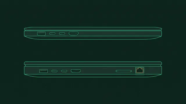 نمای کنار دو لپ‌تاپ: یکی نازک با USB-A، دو USB-C و HDMI، و یکی ضخیم‌تر که کارت‌خوان و پورت شبکه هم داره
