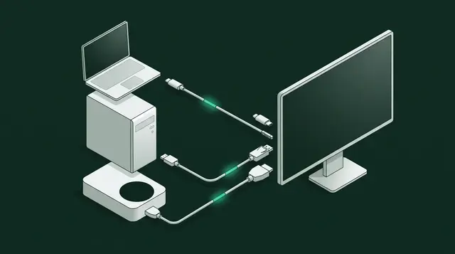 نمودار اتصال لپ‌تاپ با USB-C، کامپیوتر با DisplayPort و کنسول بازی با HDMI 2.1 به مانیتور، با برجسته شدن پورتی که سقف رزولوشن و هرتز رو تعیین می‌کنه